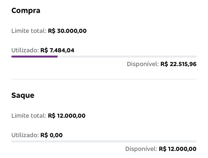 Print do app do Bradesco: limite de compra R$ 30.000,00 e saque R$ 12.000,00