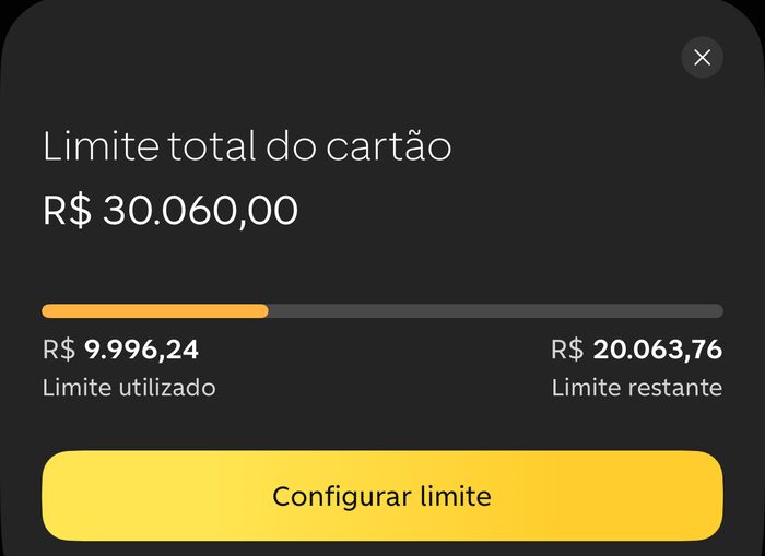 Print do app do C6: limite total do cartão R$ 30.060,00